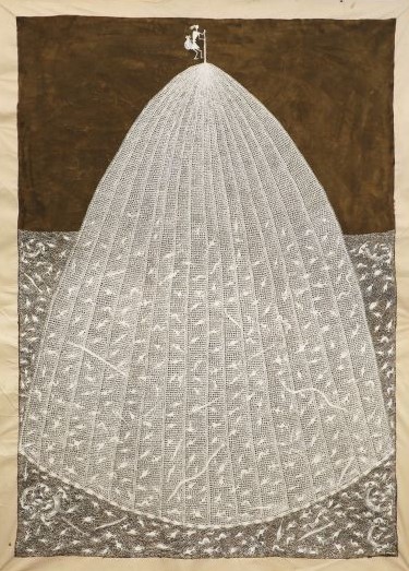 Balu Jivya Mashe, Cow Dung and Acrylic on Raw Canvas, 70 x 48 inches